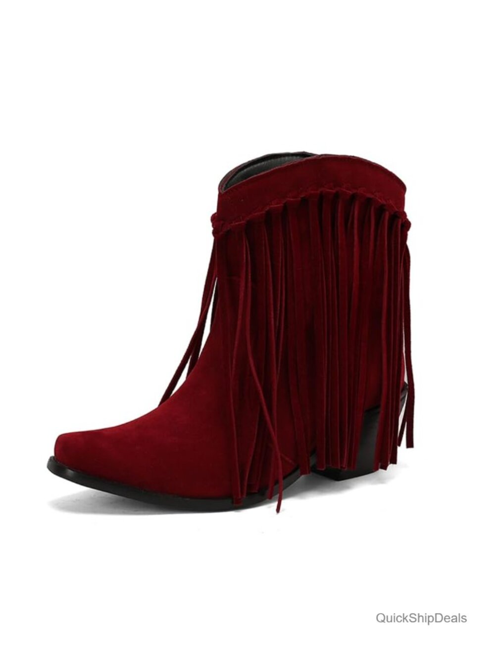 Fringe Ankle Cowboy Boots Faux Suede Square Toe Pull On Western Booties